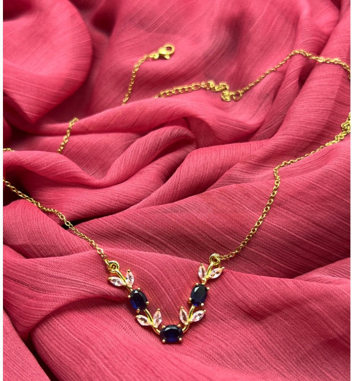 Women’s Floral Crystal Necklace – Blue and Pink Stones, Gold Tone