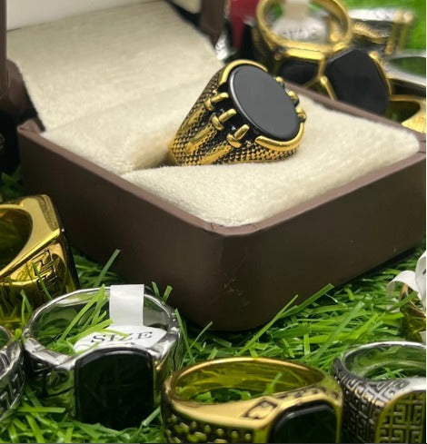 AURAVO Men's Gold Black Statement Ring–Italian Style