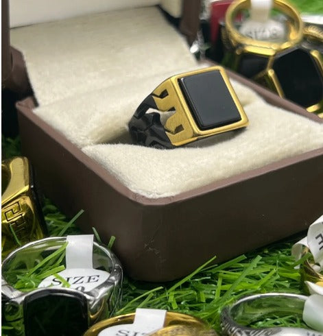 AURAVO Men's Gold Black Square Statement Ring – Italian Style