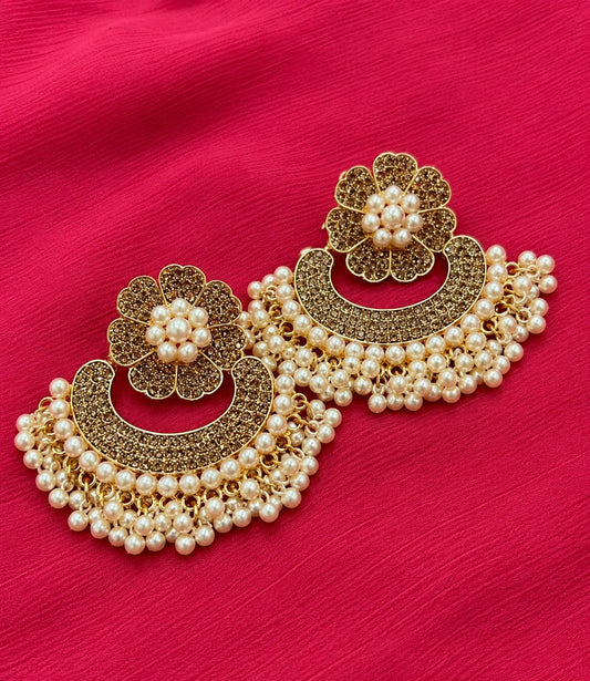 Pearl Chandbali Flower Earrings | Crystal Studded Gold-Tone Jhumka Earrings for Women