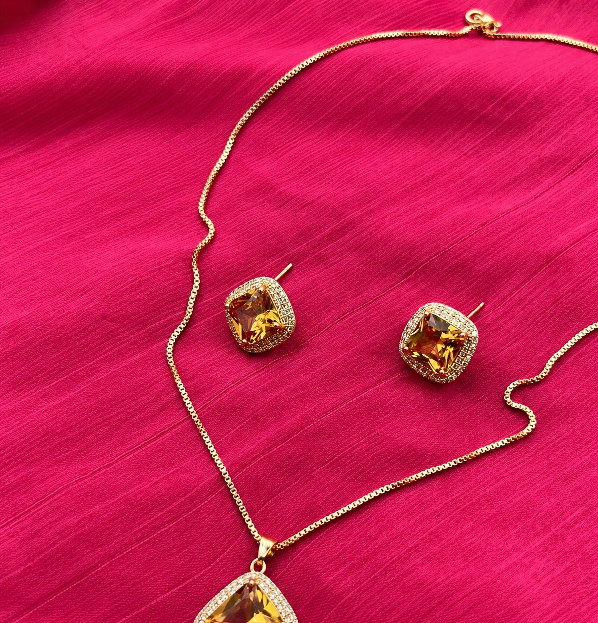 Crystal Halo Pendant Necklace & Earrings Set | Gold Tone Square Jewelry Set for Women