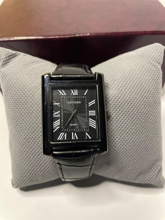 Luxury Men’s Black Rectangle Watch – Roman Numeral Dial with Leather Strap