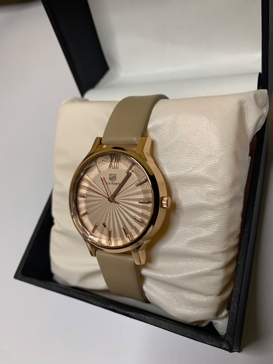 Classic Beige Leather Strap Wristwatch