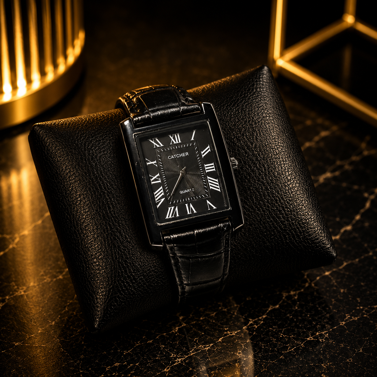 Luxury Men’s Black Rectangle Watch – Roman Numeral Dial with Leather Strap
