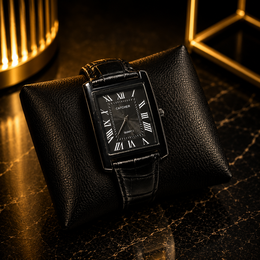 Luxury Men’s Black Rectangle Watch – Roman Numeral Dial with Leather Strap