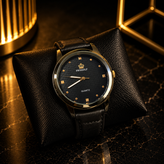 Luxury Men’s Black Watch – Classic Round Dial with Gold-Tone Details and stylish Ragzine Strap