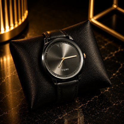 TOMI Luxury Men’s Black Watch – Minimal Round Dial with Stylish Black Strap