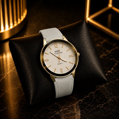 MRK Collection Luxury Women’s Watch – Elegant White Dial with Gold-Tone Case & Silicone Strap