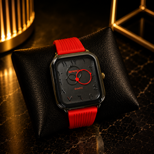 Bold Edge Men’s Watch – Black Square Dial with Red Silicone Strap & Sporty Design