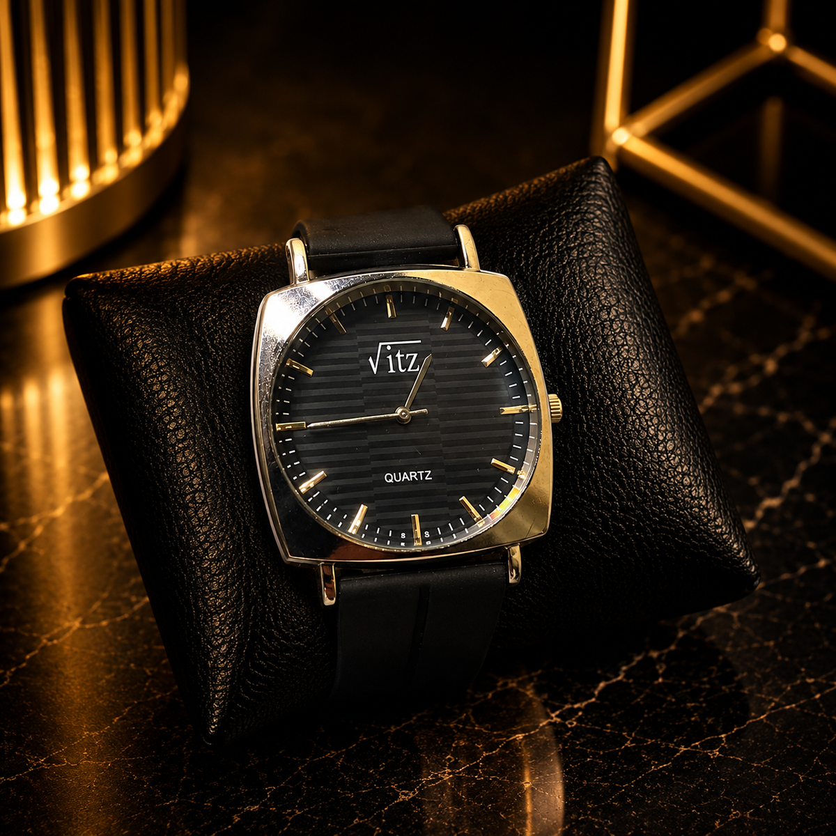 Vitz Classic Edge Men’s Watch – Textured Black Square Dial with Silver Tone Case & Black Strap