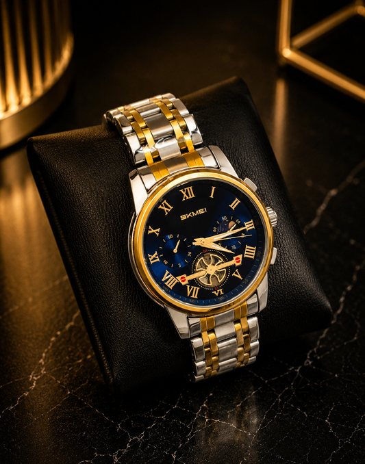 SKMEI 9394 Men’s Watch–Navy Blue Dial, Two-Tone Gold and Silver Design