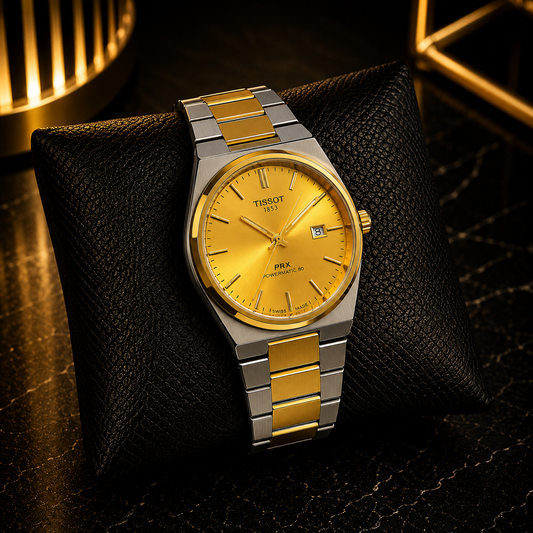 Tissot PRX Semi Automatic Two Tone Golden Dial Watch