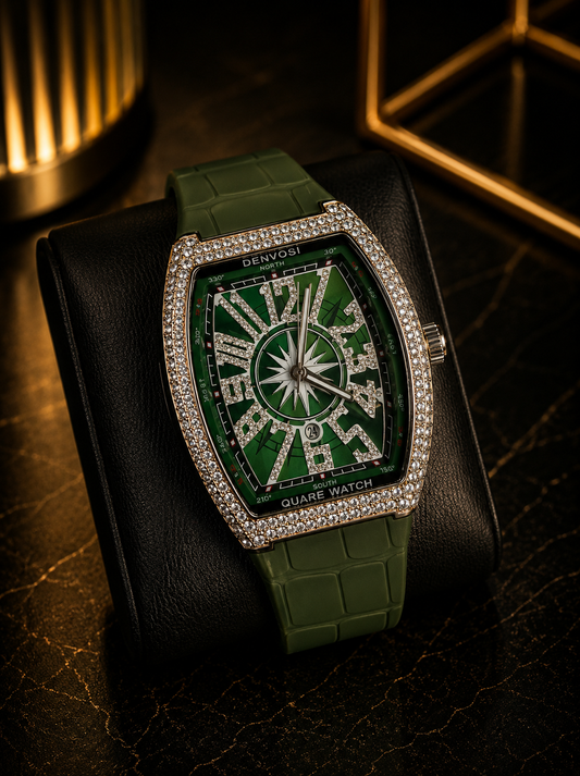 RM Luxury Men’s Watch – Green Dial, Crystal Bezel and Silicone Strap