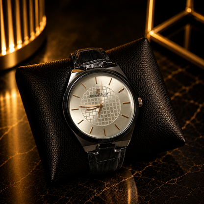 Men's Luxury Analog Watch – Silver Dial, Black Leather Strap and Premium Formal Wristwatch