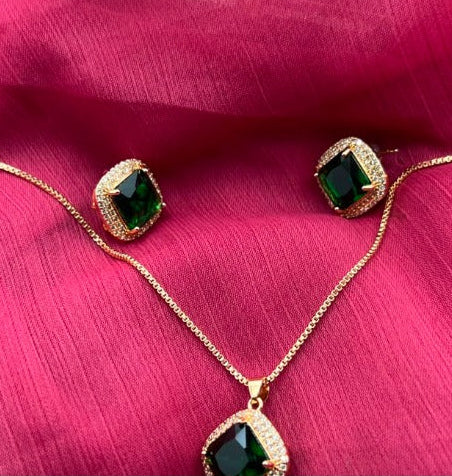 Crystal Halo Pendant Necklace & Earrings Set | Gold Tone Square Jewelry Set for Women