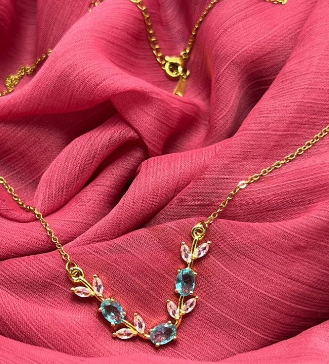 Women’s Floral Crystal Necklace – Blue and Pink Stones, Gold Tone