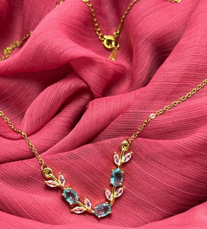 Women’s Floral Crystal Necklace – Blue and Pink Stones, Gold Tone