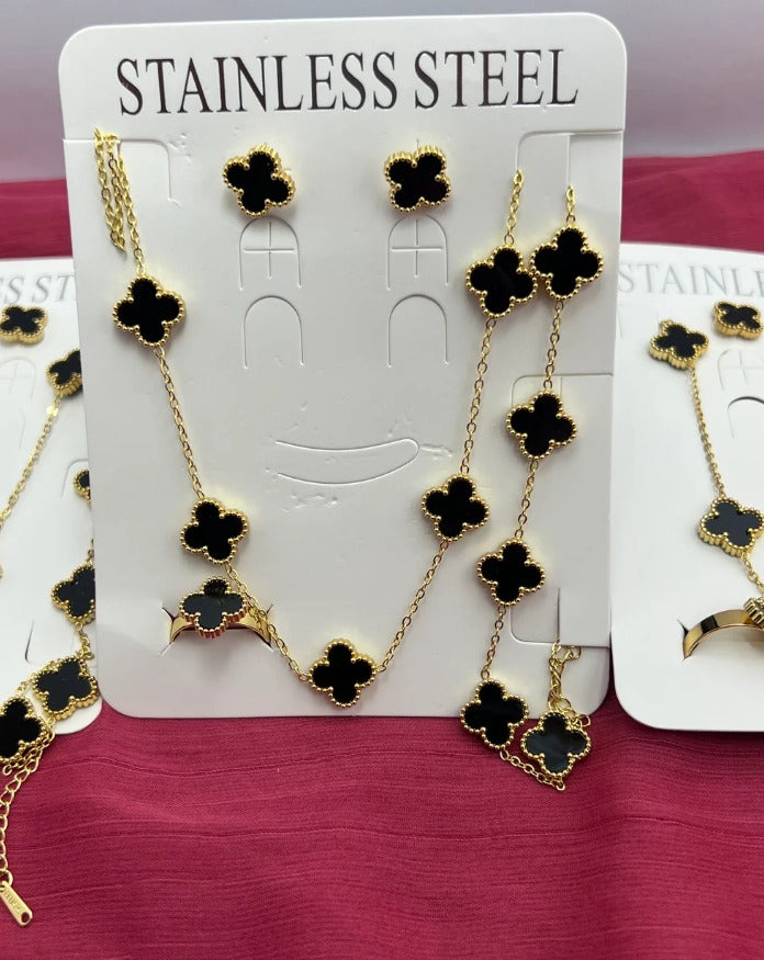 Womens Black Clover Jewelry Set – Gold-Tone Necklace, Earrings and Ring