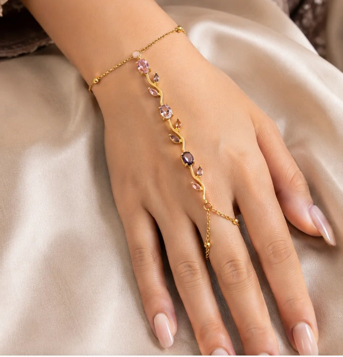 Womens Tulip Hand Bracelet – Gold Plated Pink Crystal Jewelry