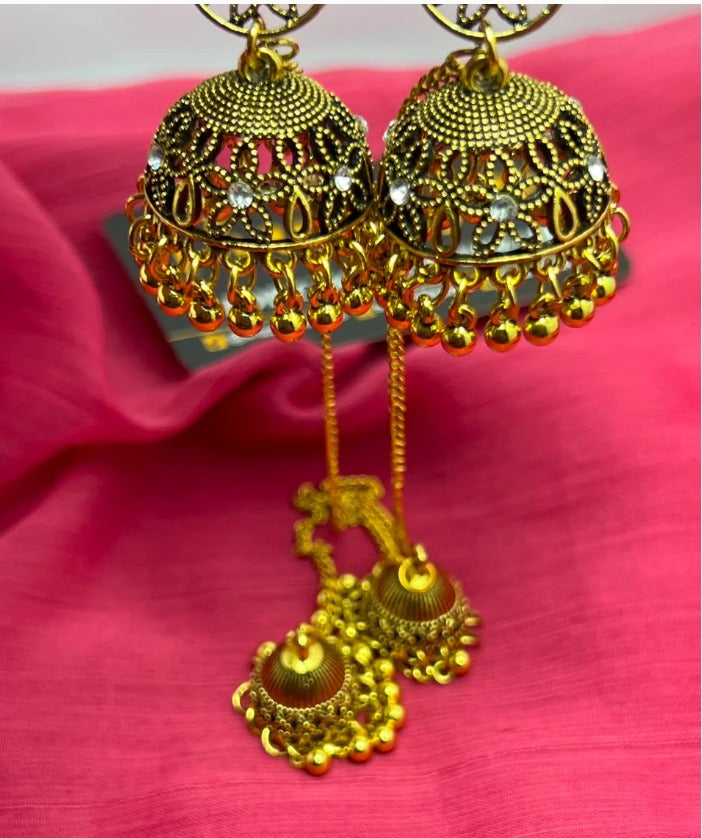 Antique Jhumka Earrings with Chain & Tikka | Traditional Pakistani Indian Bridal Jewelry