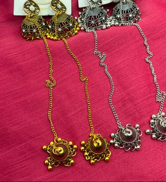 Antique Jhumka Earrings with Chain & Tikka | Traditional Pakistani Indian Bridal Jewelry
