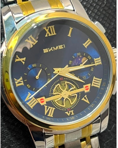 SKMEI 9394 Men’s Watch–Navy Blue Dial, Two-Tone Gold and Silver Design