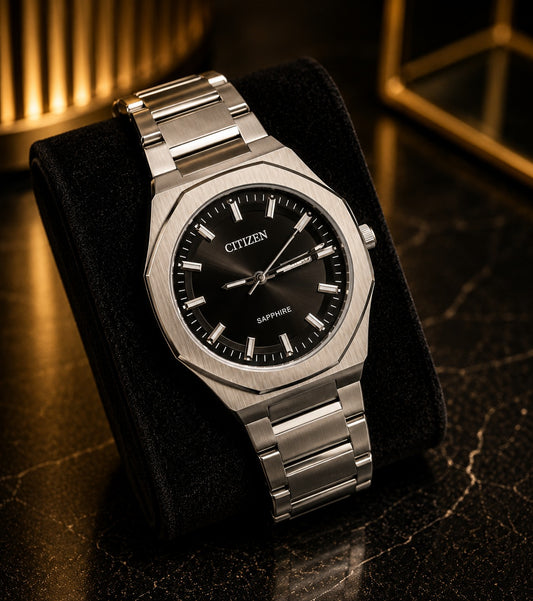 Citizen Men’s Watch–Silver Stainless Steel, Black Dial and Sapphire Crystal