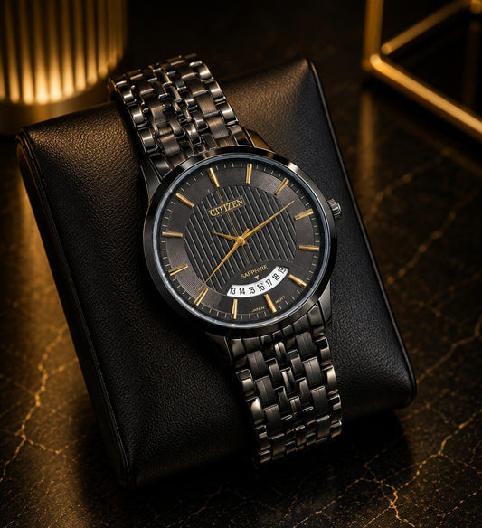 Citizen Men’s Black PVD Watch – Sapphire Crystal and Gold Accents