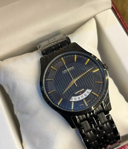 Citizen Men’s Black PVD Watch – Sapphire Crystal and Gold Accents