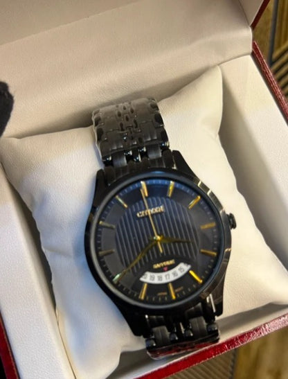 Citizen Men’s Black PVD Watch – Sapphire Crystal and Gold Accents