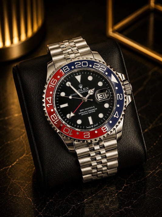 GMT Pepsi Mens Watch – Black Dial, Jubilee Bracelet and Dual Tone Bezel