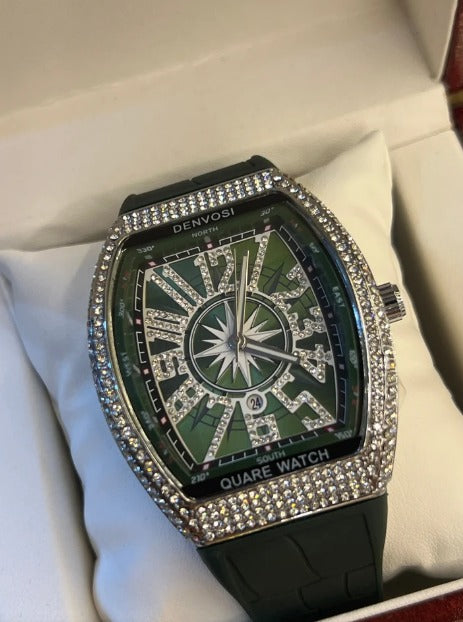 RM Luxury Men’s Watch – Green Dial, Crystal Bezel and Silicone Strap