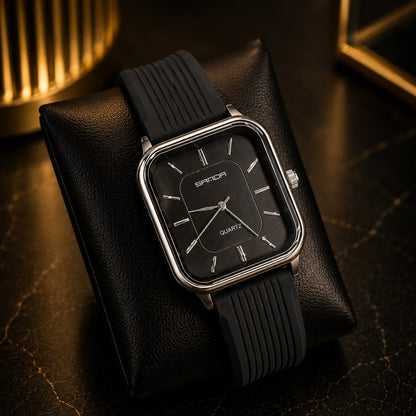 SANDA Men’s Square Black Dial Quartz Watch – Silver Case