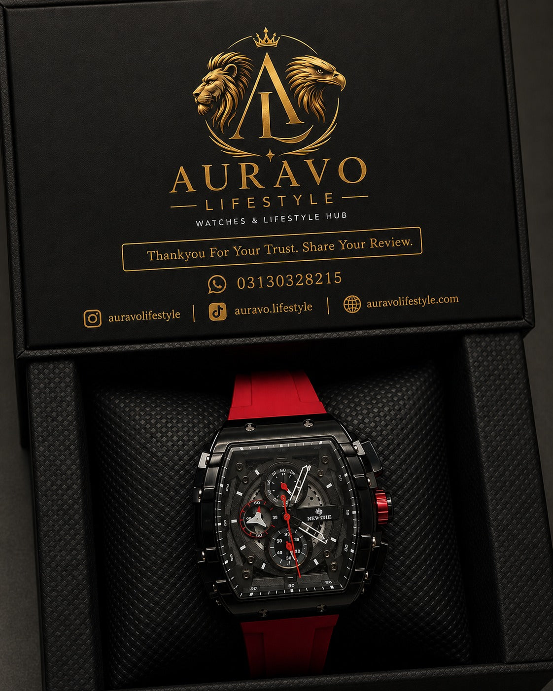 New Time Tonneau Racing Chronograph–Red Rubber Strap