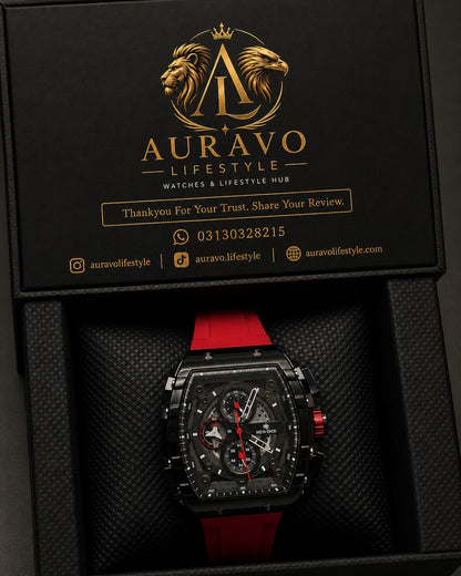 New Time Tonneau Racing Chronograph–Red Rubber Strap