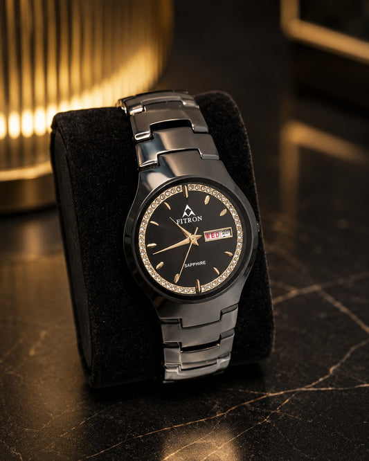 Fitron Black Dial Sapphire Stone Watch–Premium Luxury Design