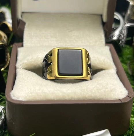 AURAVO Men's Gold Black Square Statement Ring – Italian Style