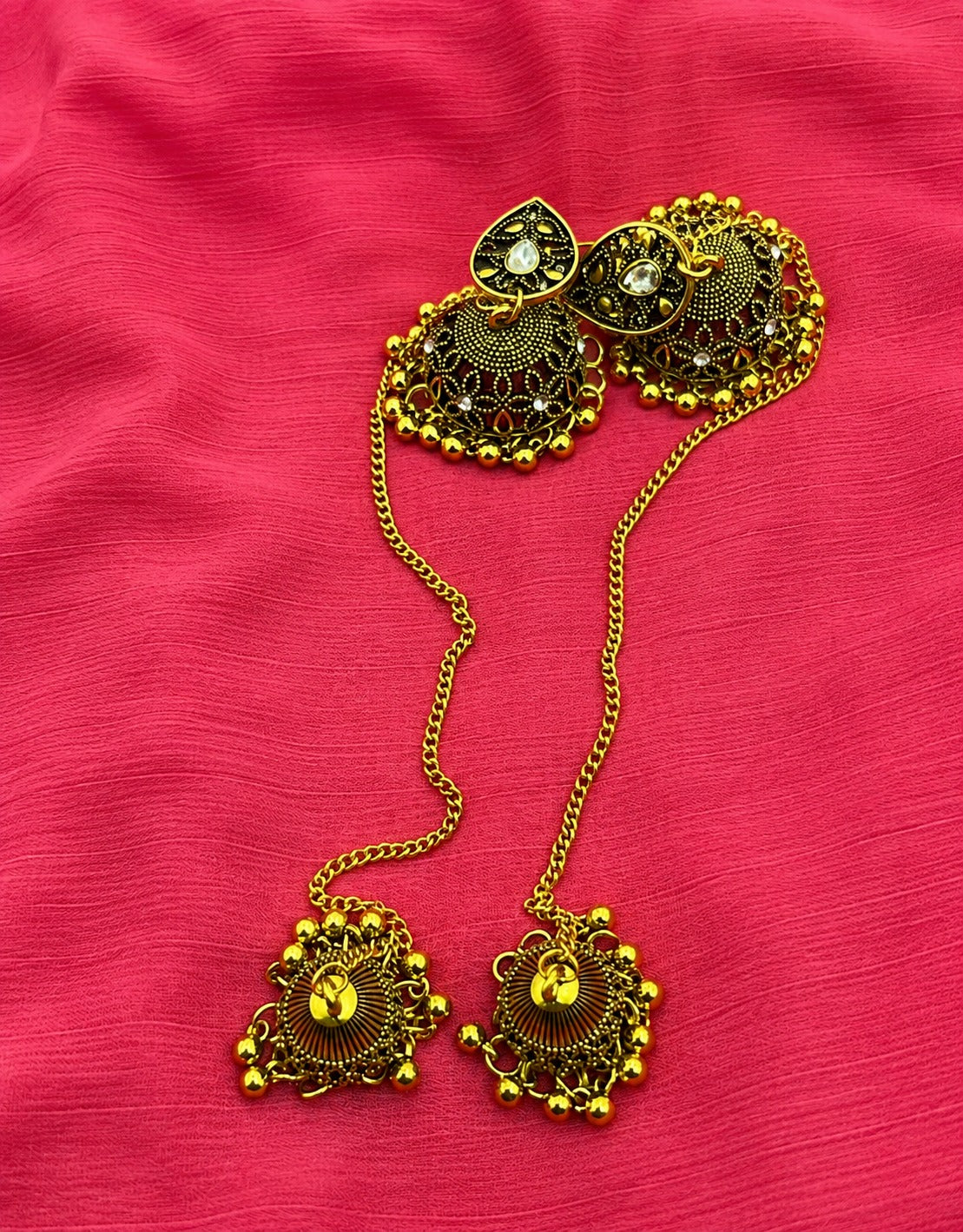 Antique Jhumka Earrings with Chain & Tikka | Traditional Pakistani Indian Bridal Jewelry