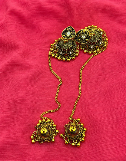 Antique Jhumka Earrings with Chain & Tikka | Traditional Pakistani Indian Bridal Jewelry