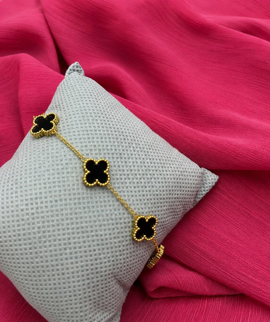 Women’s Black Clover Charm Bracelet – Gold Tone Adjustable Jewelry