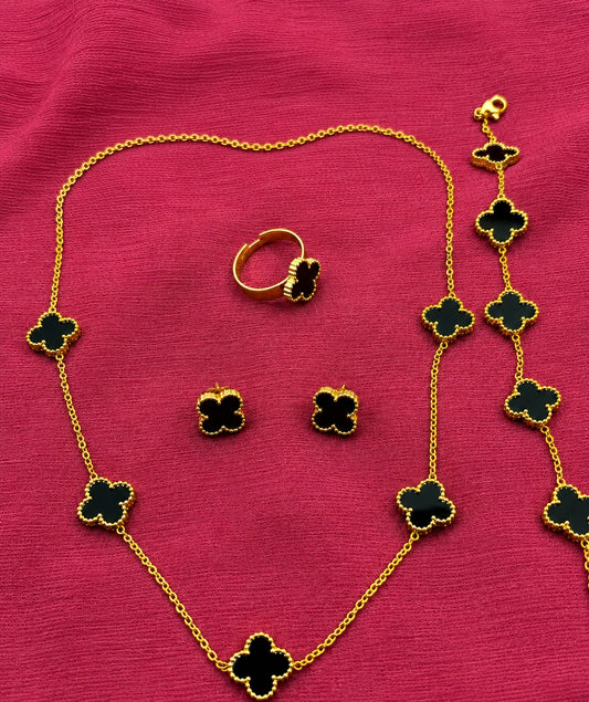 Womens Black Clover Jewelry Set – Gold-Tone Necklace, Earrings and Ring