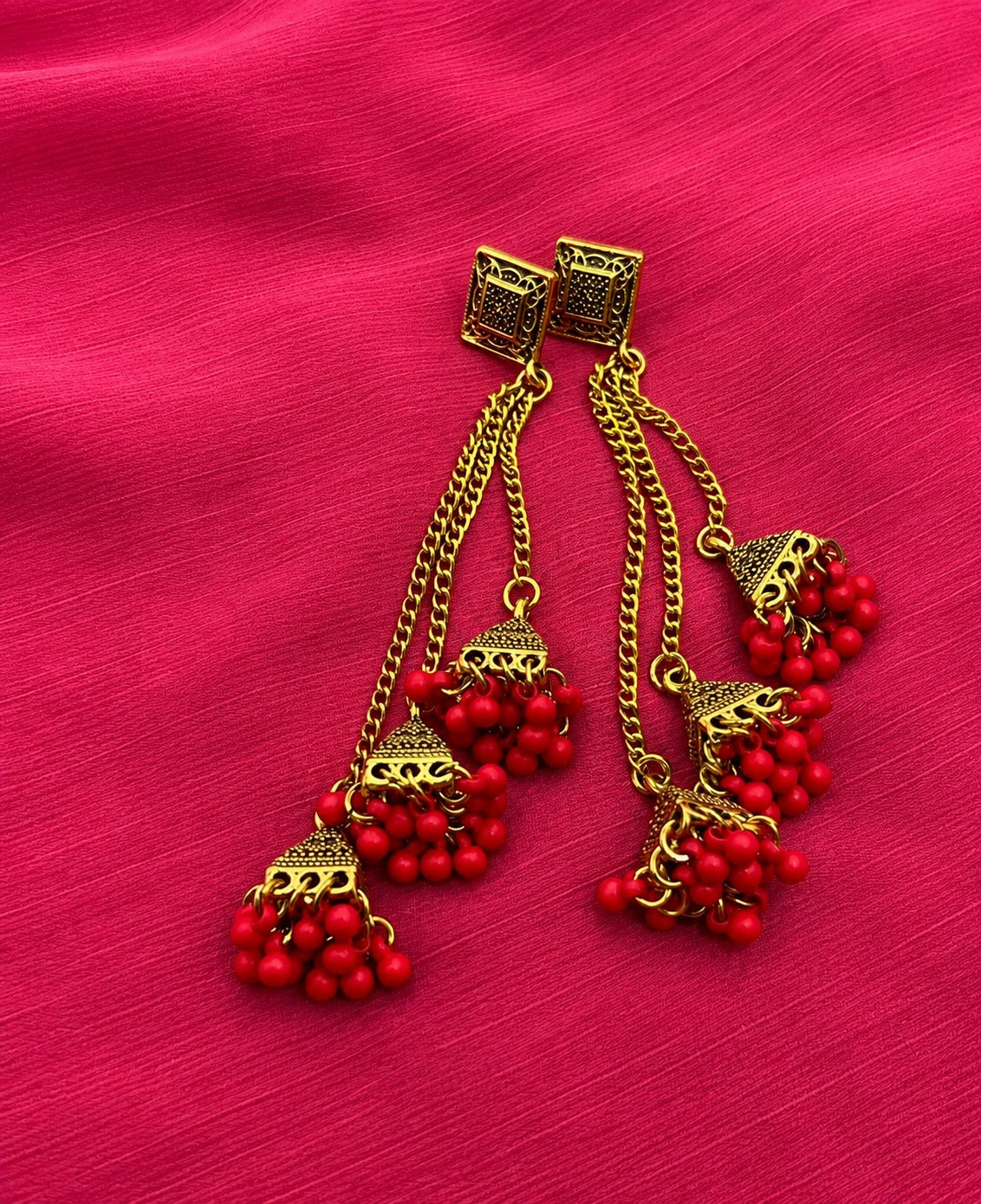 Antique Gold-Tone Beaded Jhumka Chandelier Earrings | Layered Statement Earrings for Women