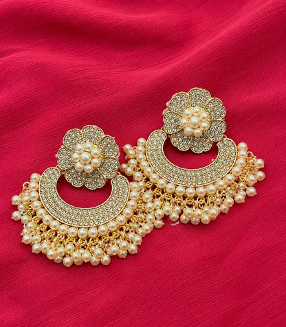 Pearl Chandbali Flower Earrings | Crystal Studded Gold-Tone Jhumka Earrings for Women