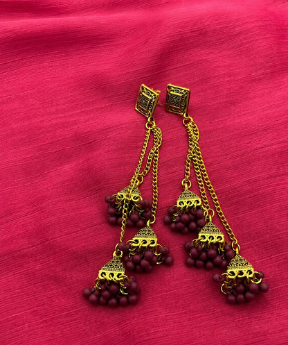 Antique Gold-Tone Beaded Jhumka Chandelier Earrings | Layered Statement Earrings for Women