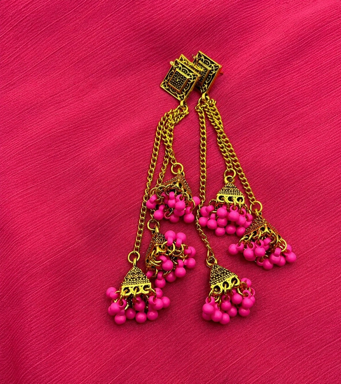 Antique Gold-Tone Beaded Jhumka Chandelier Earrings | Layered Statement Earrings for Women