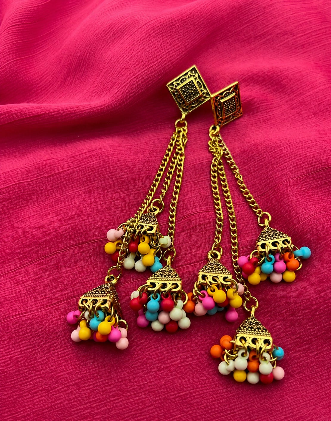 Antique Gold-Tone Beaded Jhumka Chandelier Earrings | Layered Statement Earrings for Women