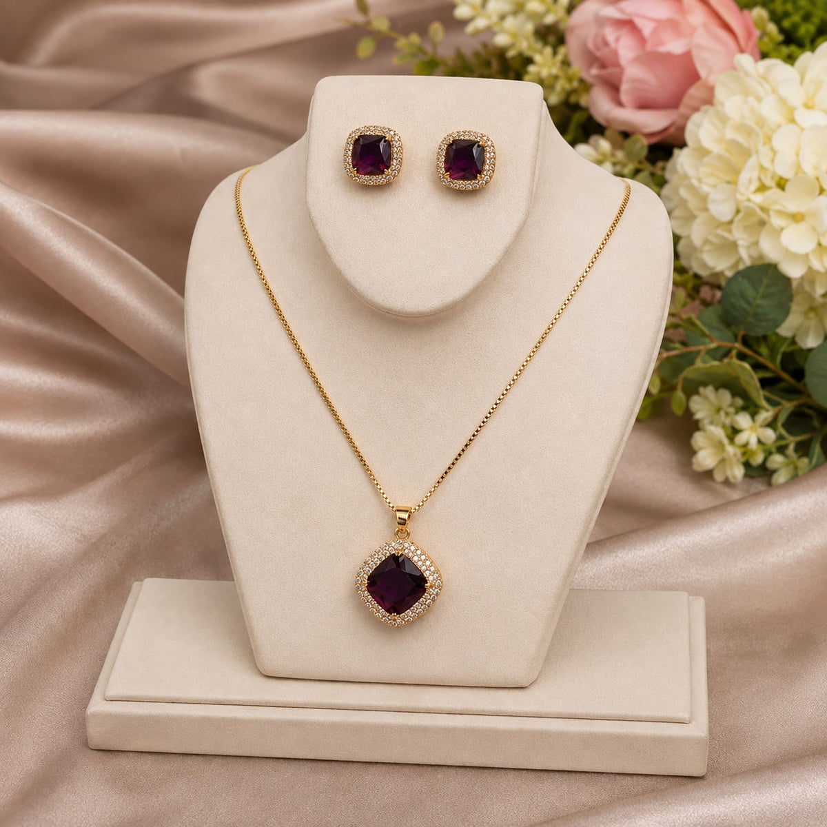 Crystal Halo Pendant Necklace & Earrings Set | Gold Tone Square Jewelry Set for Women