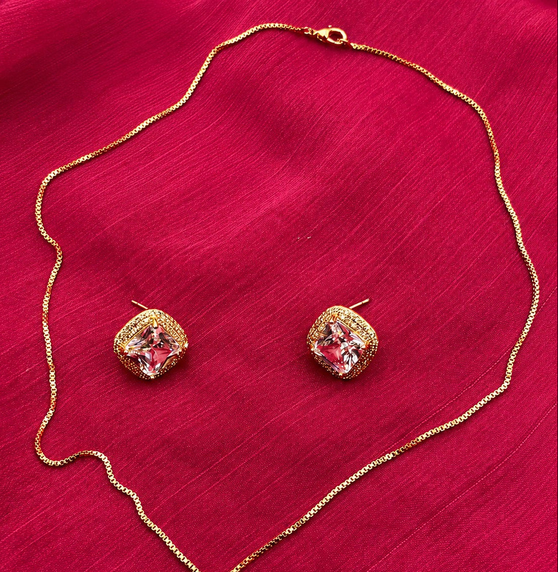 Crystal Halo Pendant Necklace & Earrings Set | Gold Tone Square Jewelry Set for Women