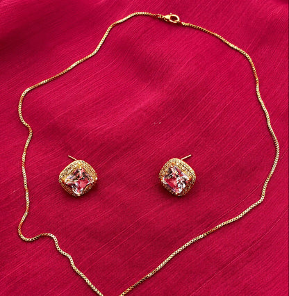 Crystal Halo Pendant Necklace & Earrings Set | Gold Tone Square Jewelry Set for Women