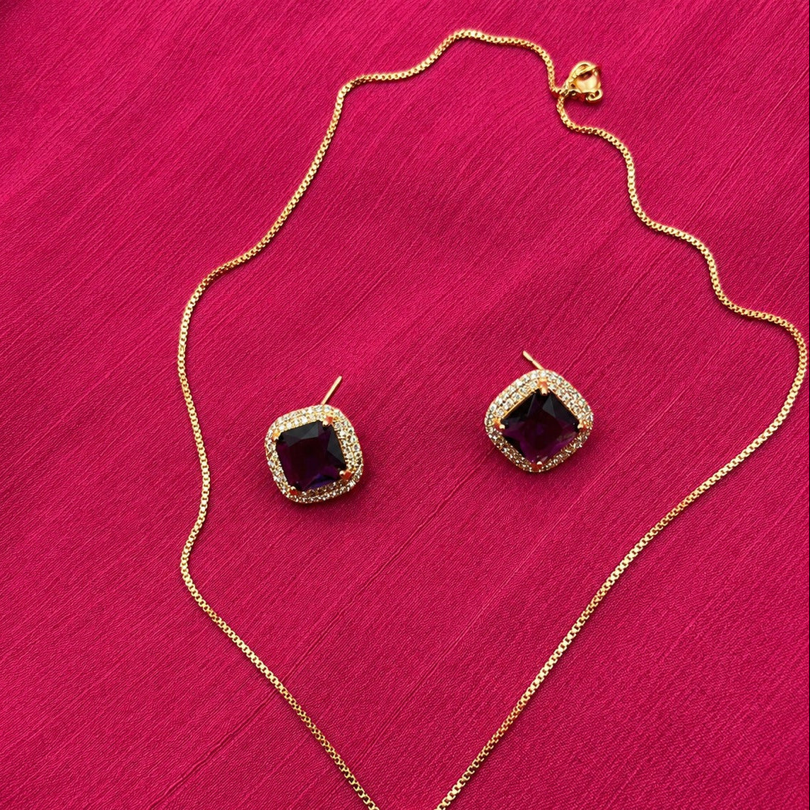 Crystal Halo Pendant Necklace & Earrings Set | Gold Tone Square Jewelry Set for Women